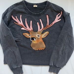 Anthropologie Charcoal Gray Sweatshirt with Pink Embroidered Deer Design